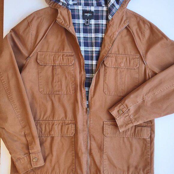 Forever 21 Men's Cargo Utility Chore Jacket Hood Flannel Lined Size XL - Picture 5 of 12